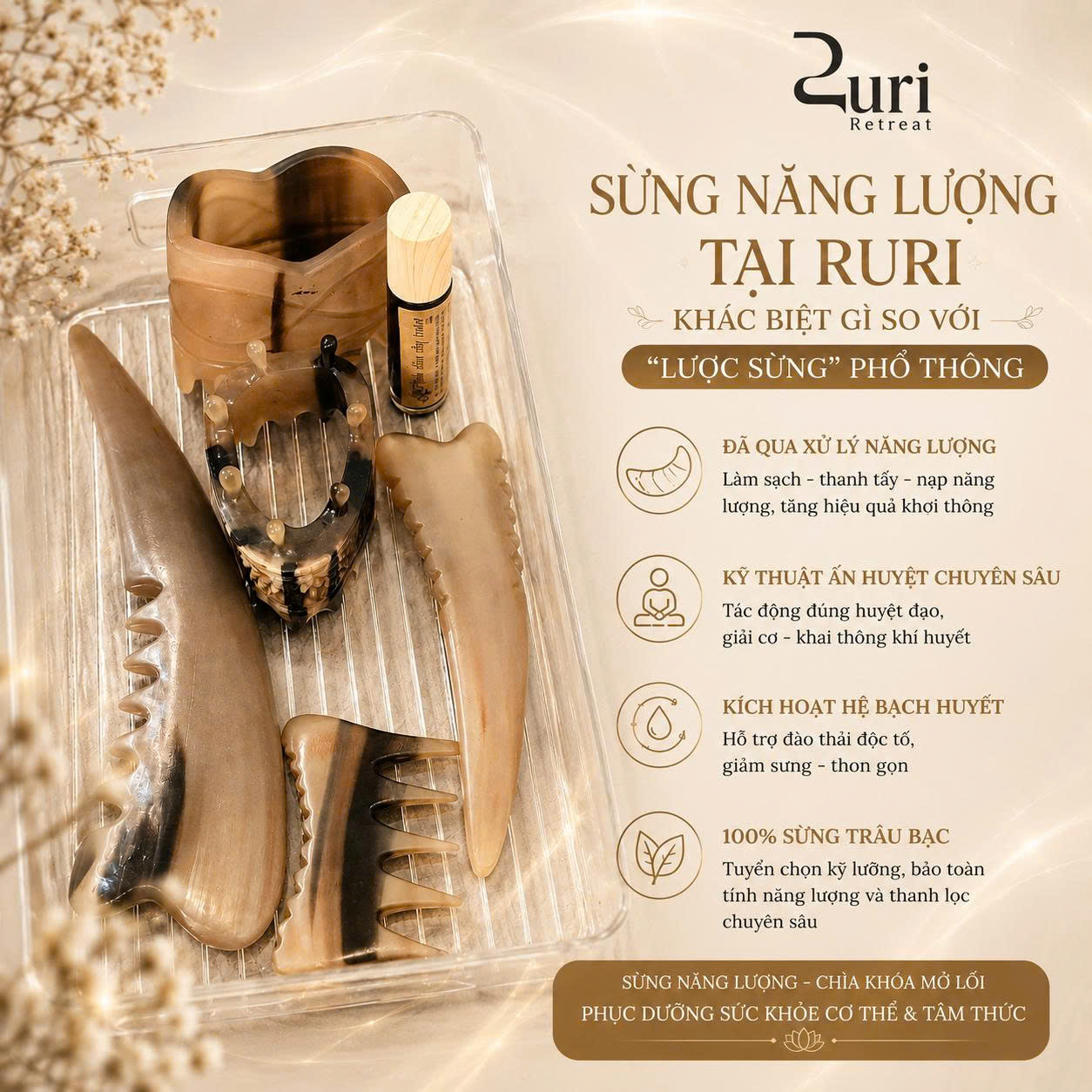 Bộ sừng năng lượng tại Ruri Retreat khác biệt so với lược sừng phổ thông